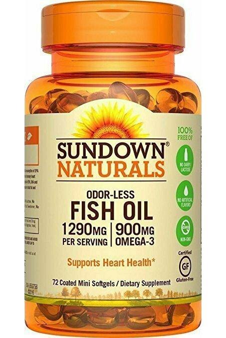 Sundown Naturals Fish Oil Omega 3-1290 mg, 72 Odorless Coated Mini Softgels