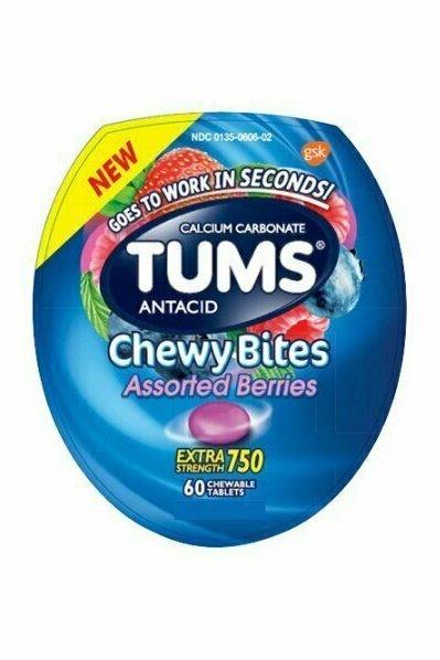 Tums Antacid Chewy Bites Assorted Berries Chewable Tablets, 60 Each